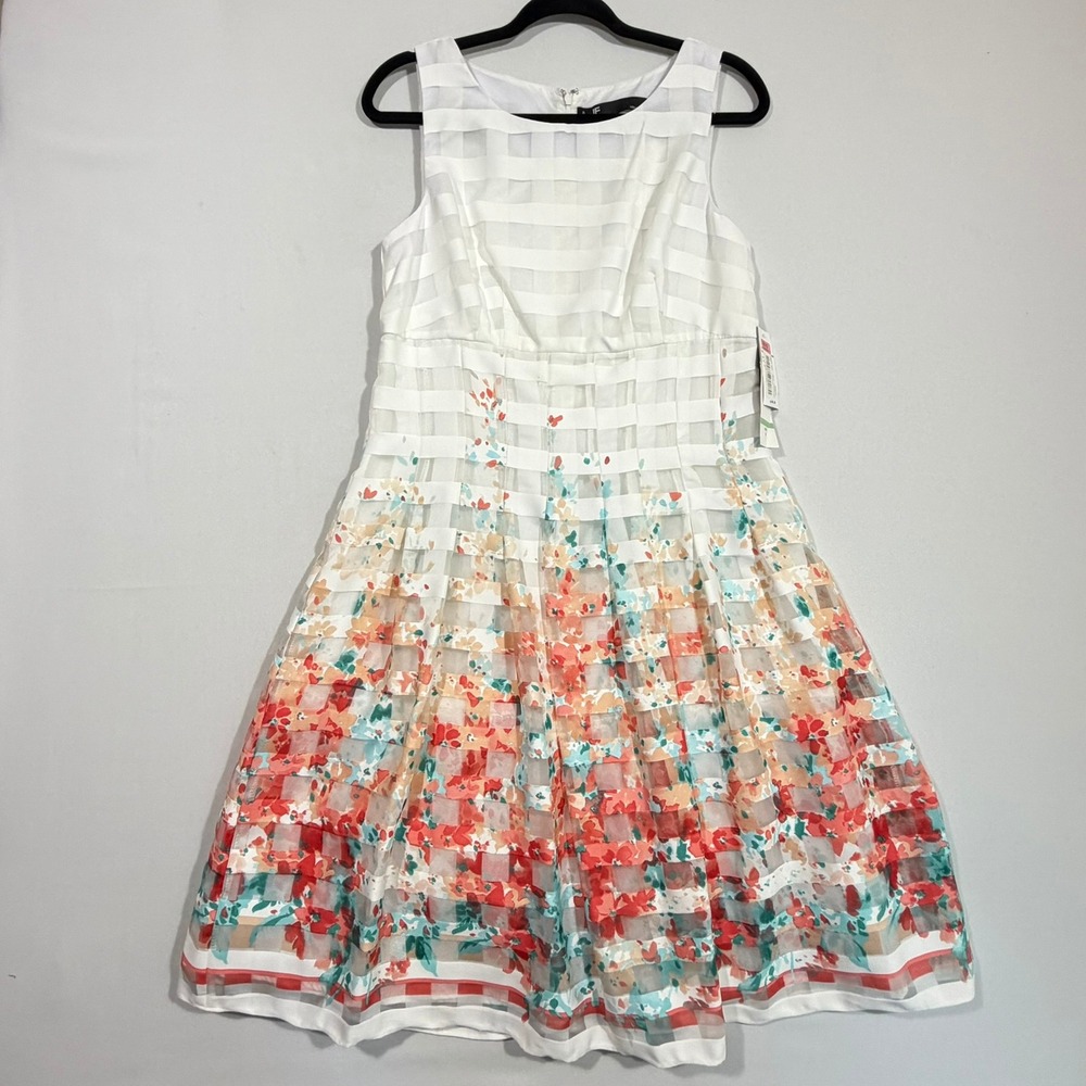 Leslie Fay Women 8 NWT White Floral Organza Tulle Fit Flare Dress Coquette Party